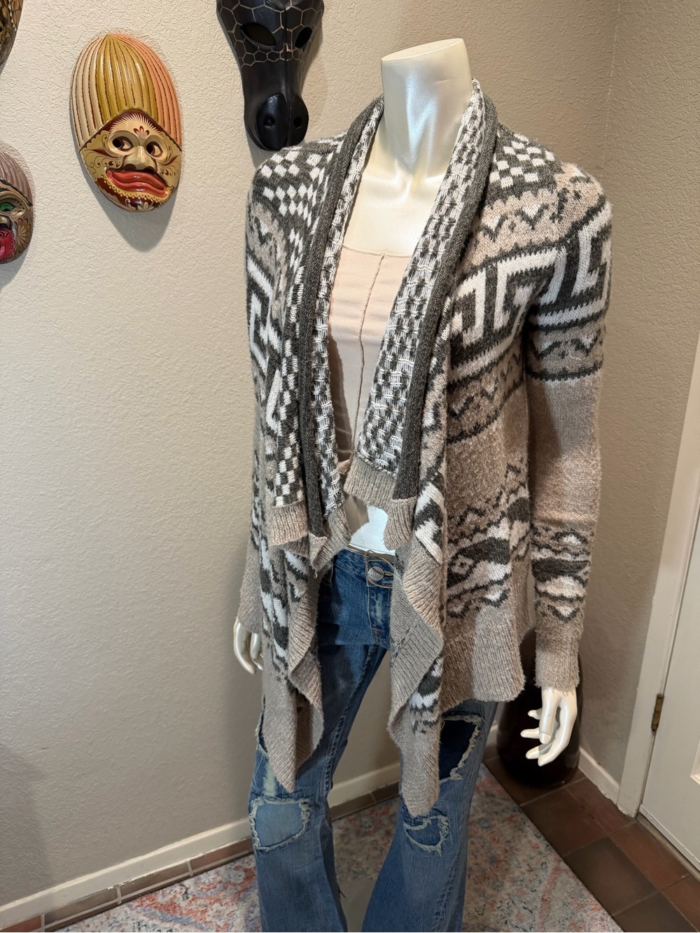 Y2K Abercrombie & Fitch Neutral Patterned Open-Front Cardigan — Beige & Gray